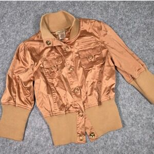Vintage Paris Blue Bomber Jacket Copper Satin Y2K Cropped Utility McBling Medium